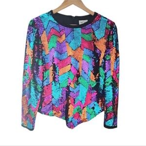 Oleg Cassini Silk Sequin Top Sz 8 Multicolor Beaded Vintage Statement Party